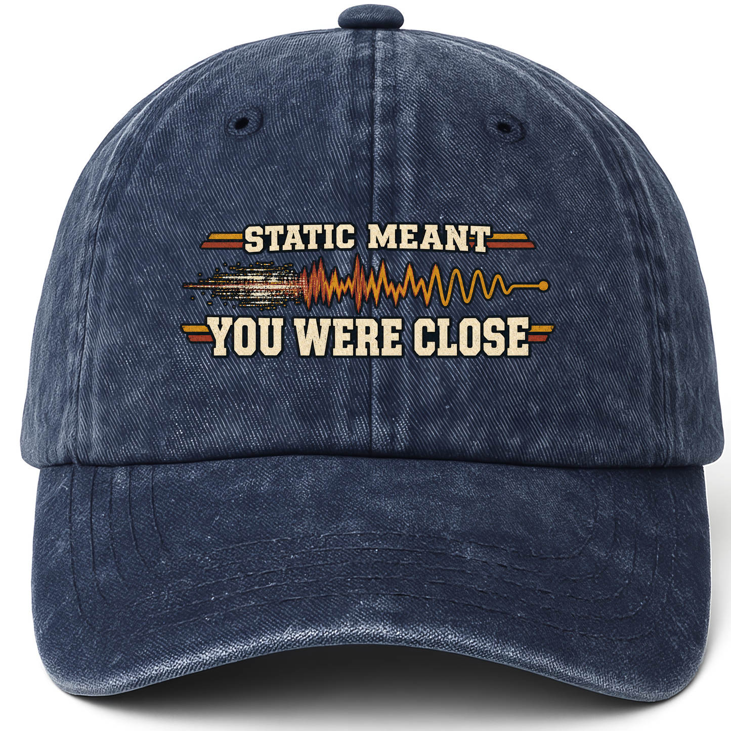 Navy vintage washed cap with Static Meant You Were Close printed front design