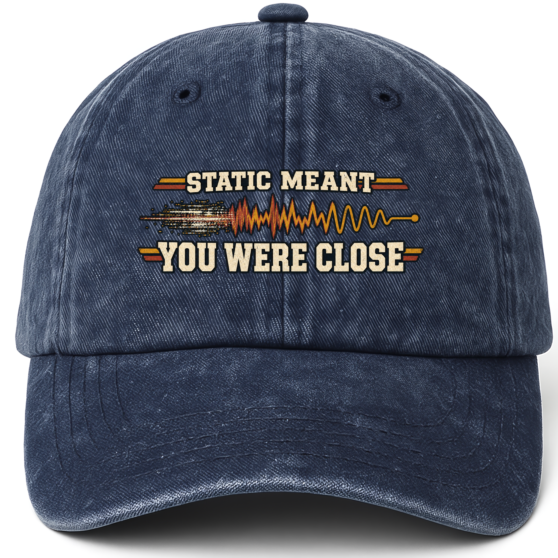 Navy vintage washed cap with Static Meant You Were Close printed front design