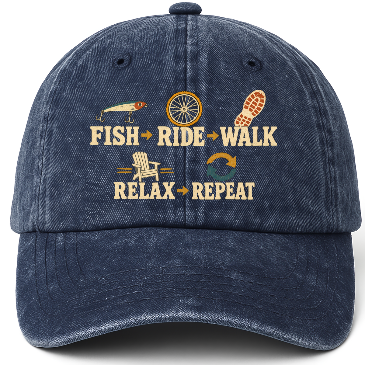 Navy vintage washed cap with Fish Ride Walk Relax Repeat printed front design