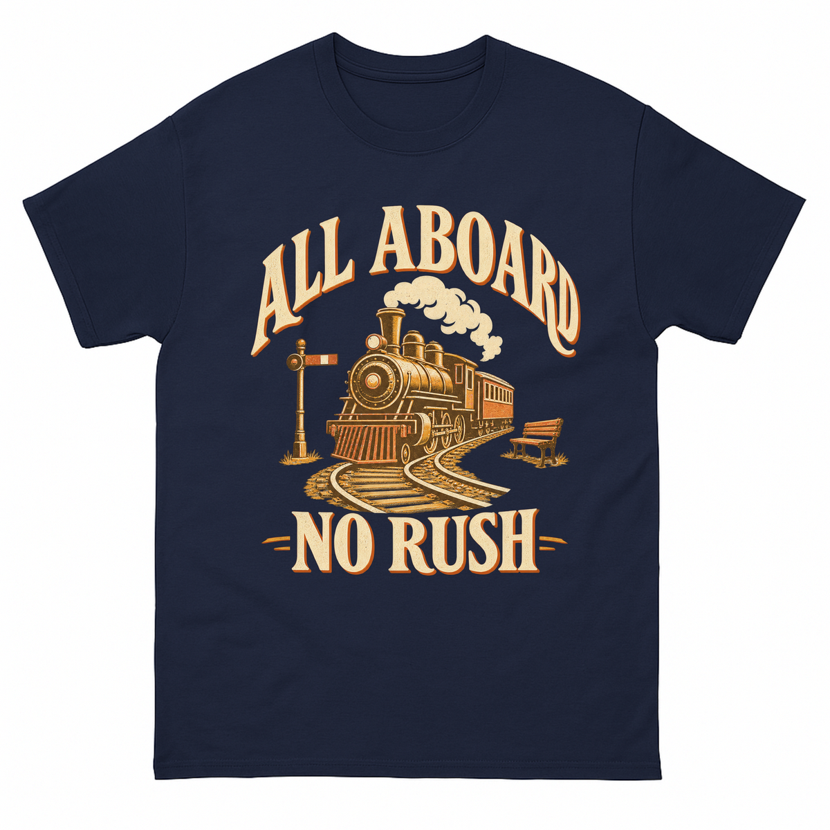 Navy vintage t-shirt with All Aboard. No Rush printed front design