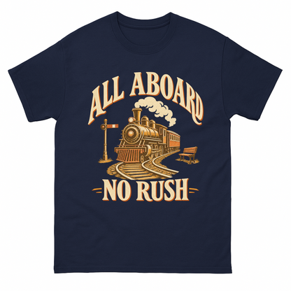 Navy vintage t-shirt with All Aboard. No Rush printed front design
