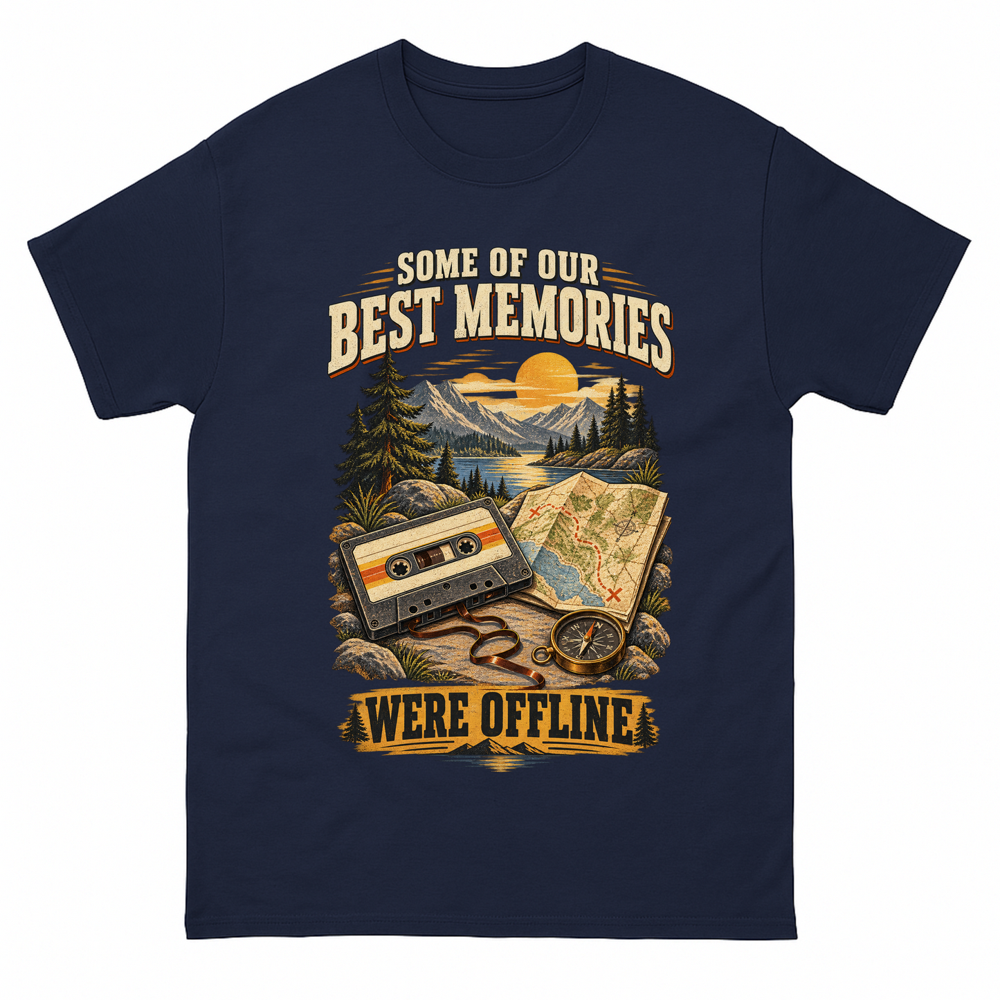 Navy vintage t-shirt with Some Of Our Best Memories Were Offline printed front design