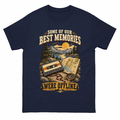 Navy vintage t-shirt with Some Of Our Best Memories Were Offline printed front design