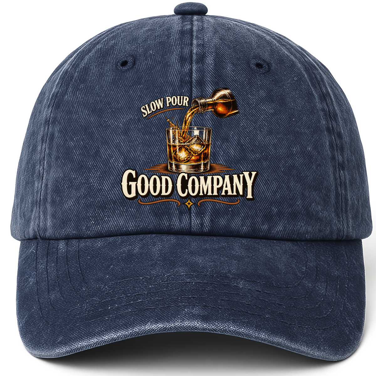 Navy vintage washed cap with Slow Pour Good Company printed front design