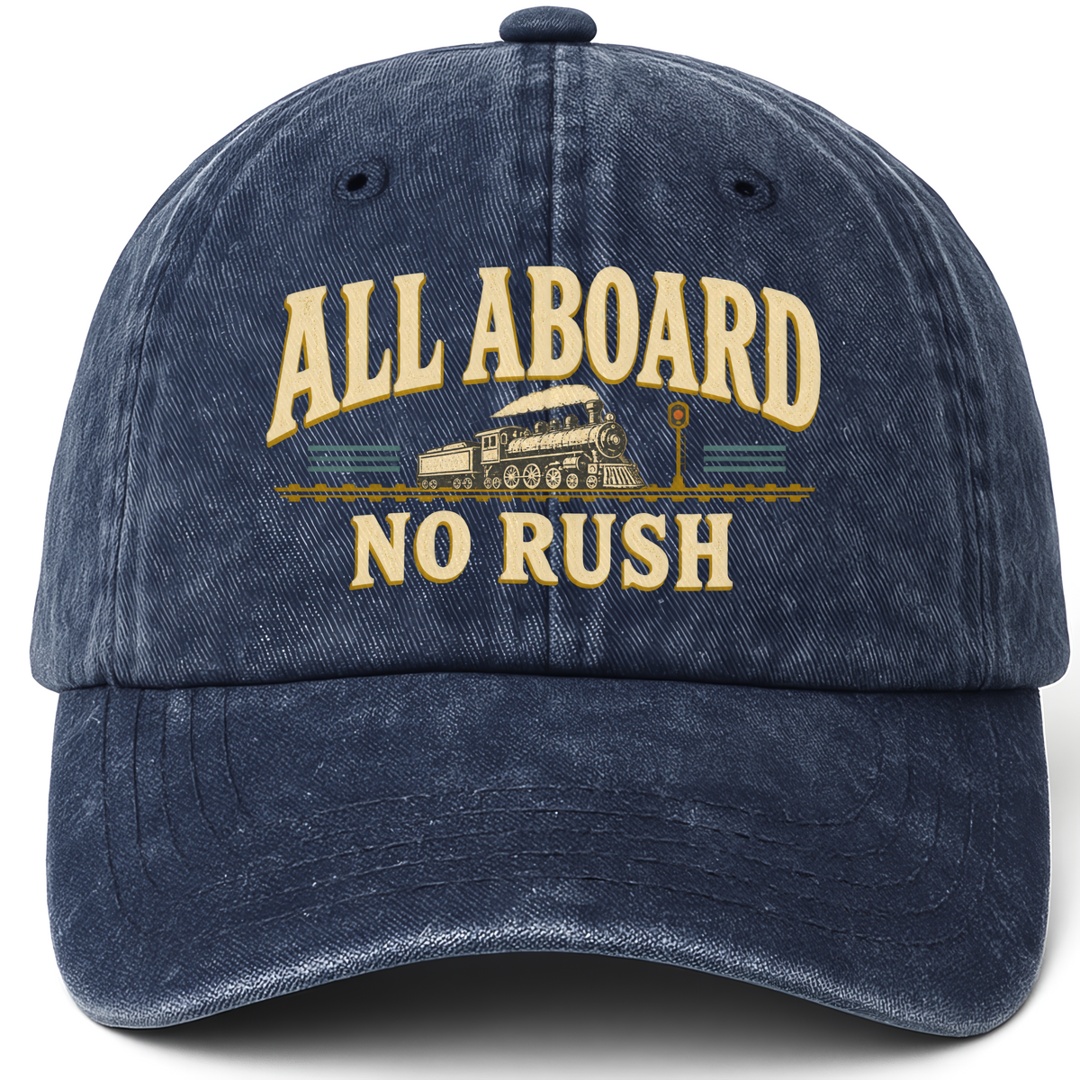 Navy vintage washed cap with All Aboard. No Rush printed front design