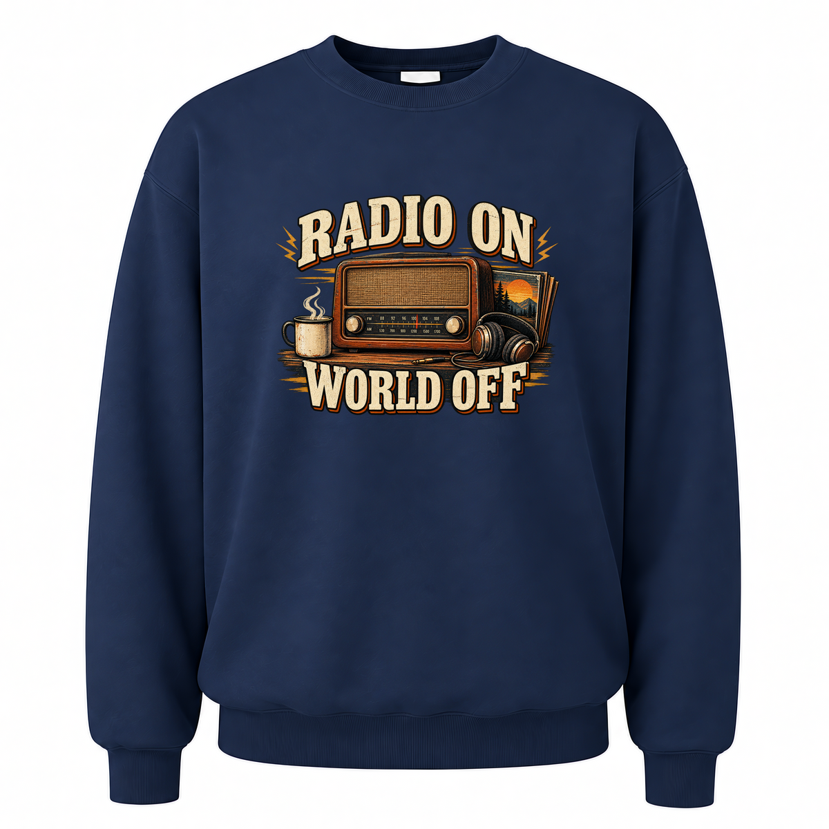 Navy vintage sweatshirt with Radio On World Off printed front design