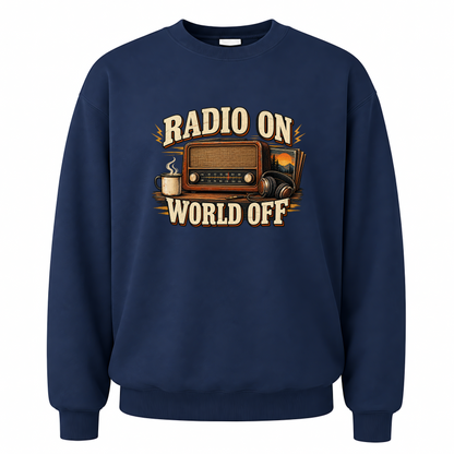Navy vintage sweatshirt with Radio On World Off printed front design