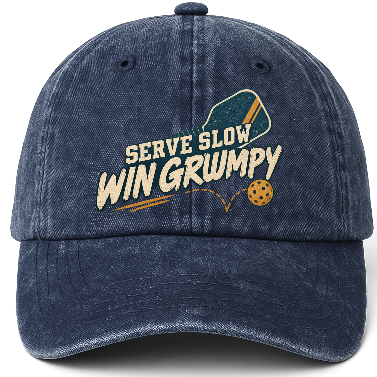 Navy vintage washed cap with Serve Slow Win Grumpy printed front design