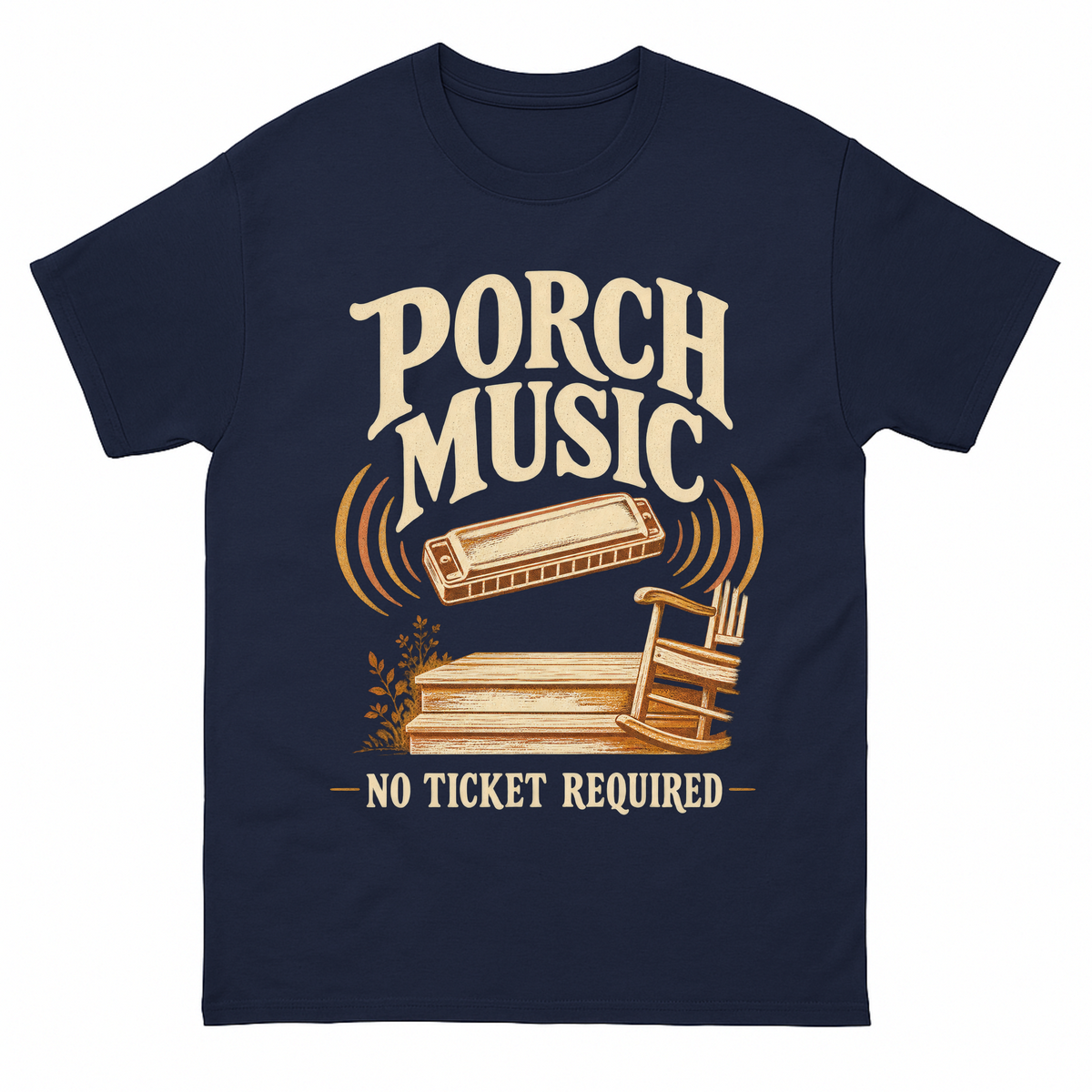 Navy vintage t-shirt with Porch Music. No Ticket Required printed front design