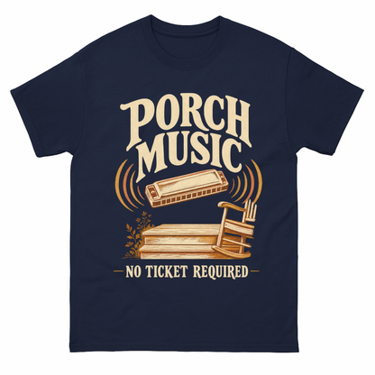 Navy vintage t-shirt with Porch Music. No Ticket Required printed front design