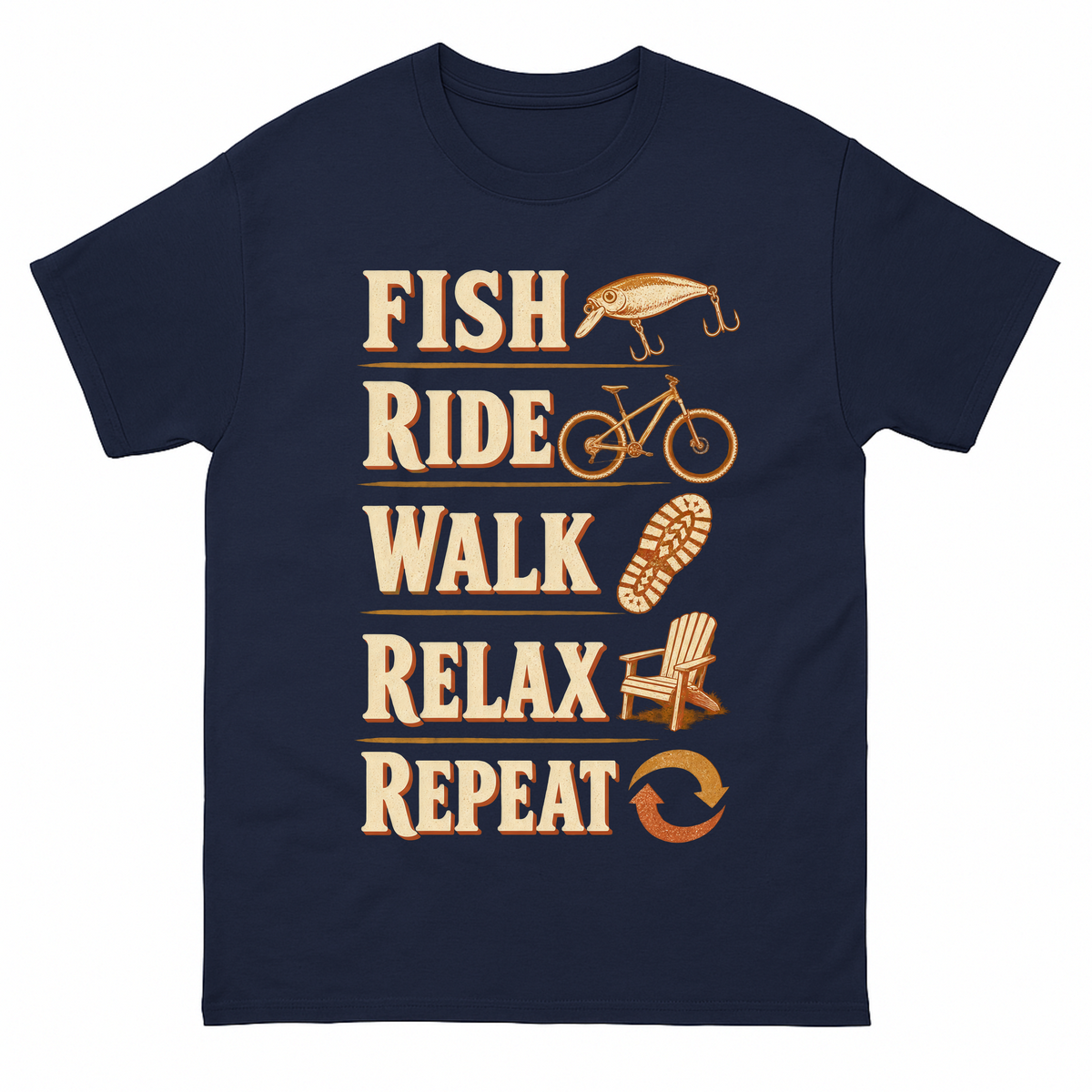Navy vintage t-shirt with Fish Ride Walk Relax Repeat printed front design
