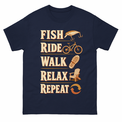 Navy vintage t-shirt with Fish Ride Walk Relax Repeat printed front design