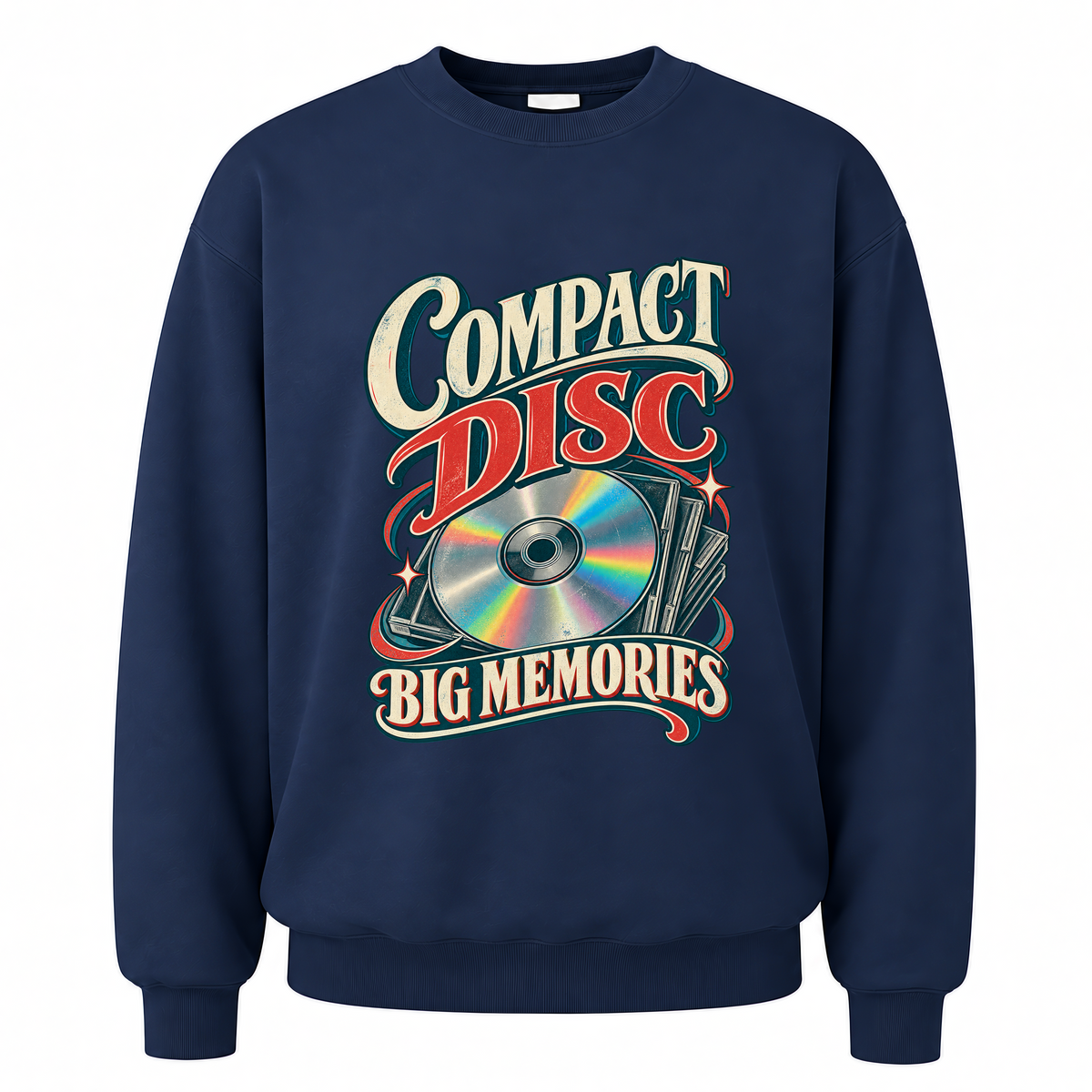 Navy vintage sweatshirt with Compact Disc Big Memories printed front design