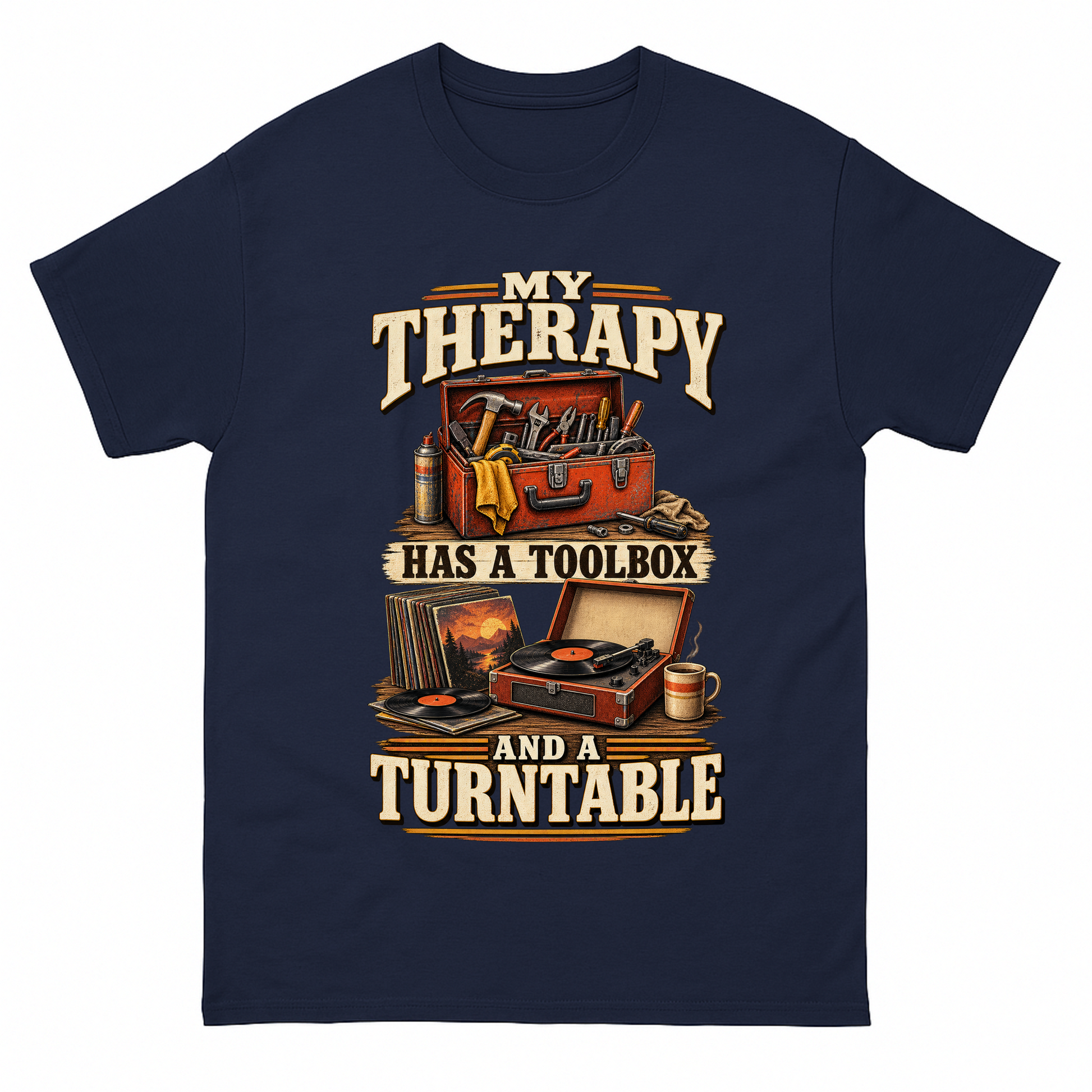 Navy vintage t-shirt with 33 toolbox and turntable ideogram 4x printed front design