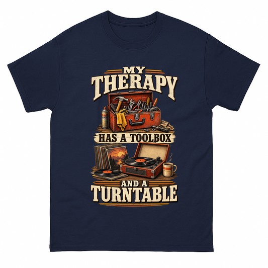 Navy vintage t-shirt with 33 toolbox and turntable ideogram 4x printed front design