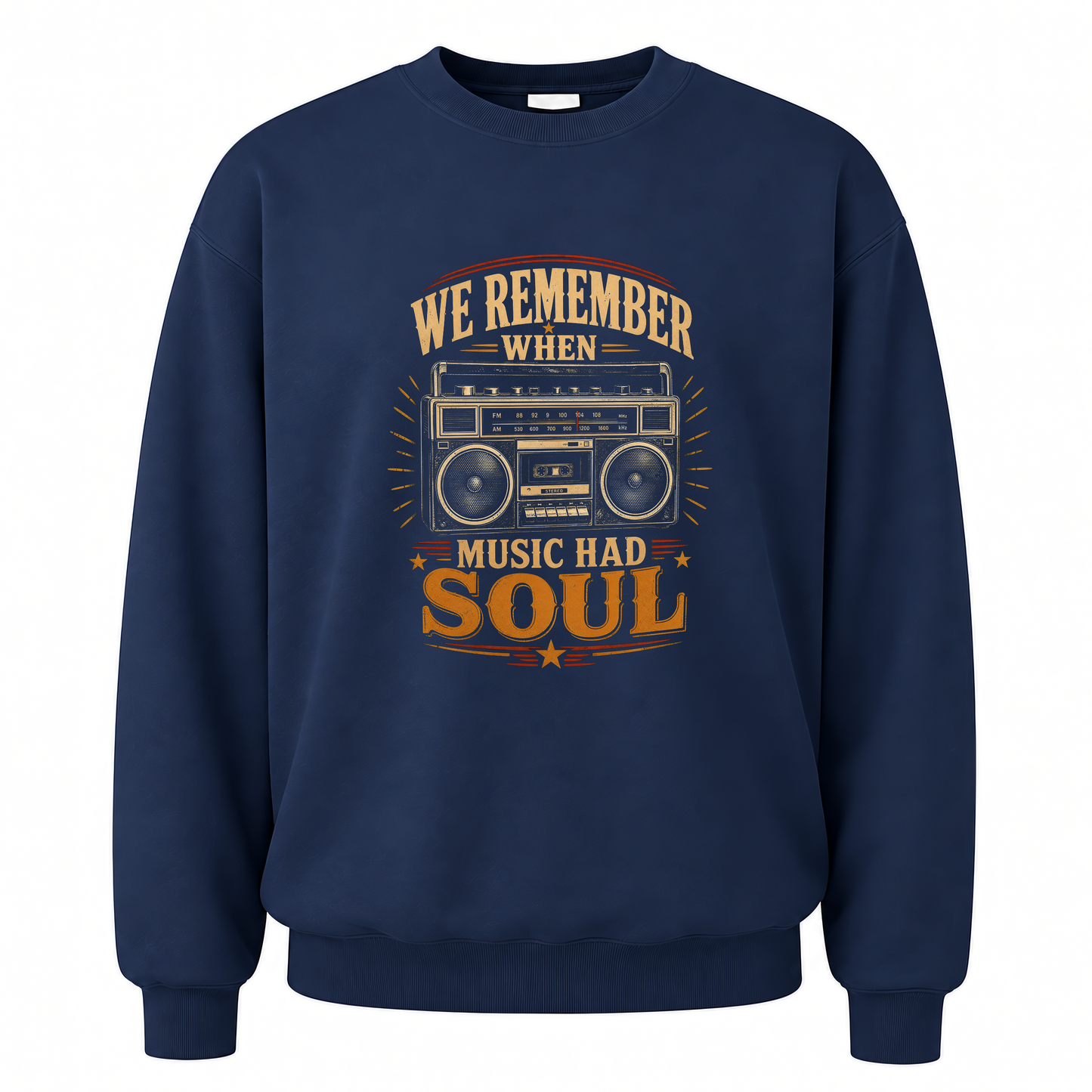 Navy vintage sweatshirt with We remember music soul tee printed front design