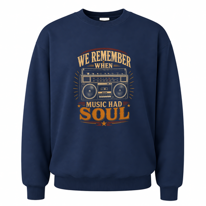 Navy vintage sweatshirt with We remember music soul tee printed front design