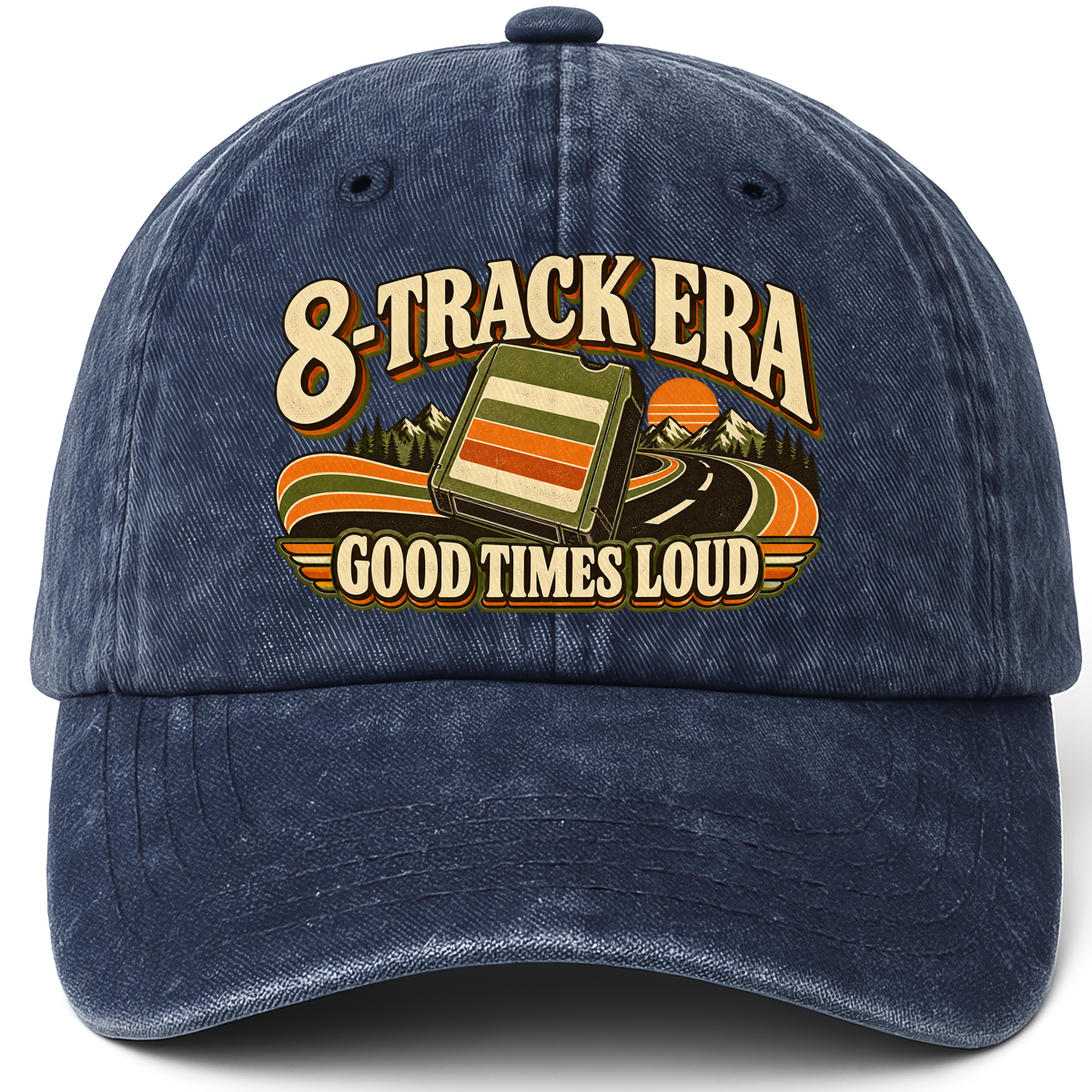 Navy vintage washed cap with 8-Track Era Good Times Loud printed front design