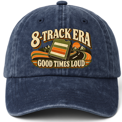 Navy vintage washed cap with 8-Track Era Good Times Loud printed front design