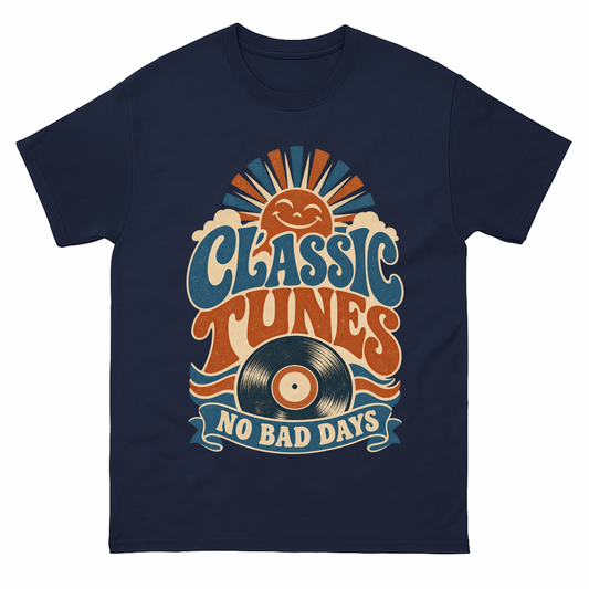 Navy vintage t-shirt with Classic Tunes No Bad Days printed front design