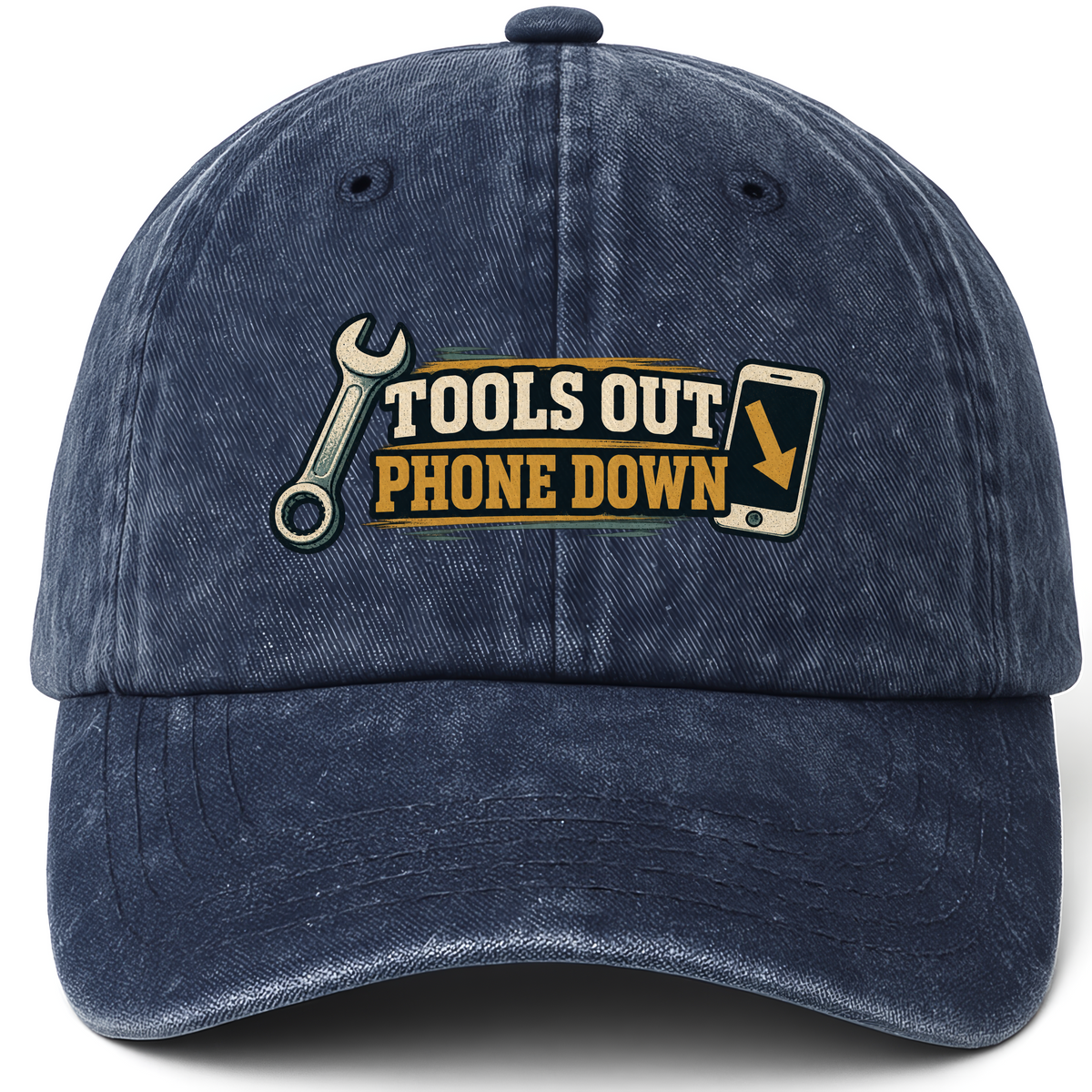 Navy vintage washed cap with Tools Out. Phone Down printed front design