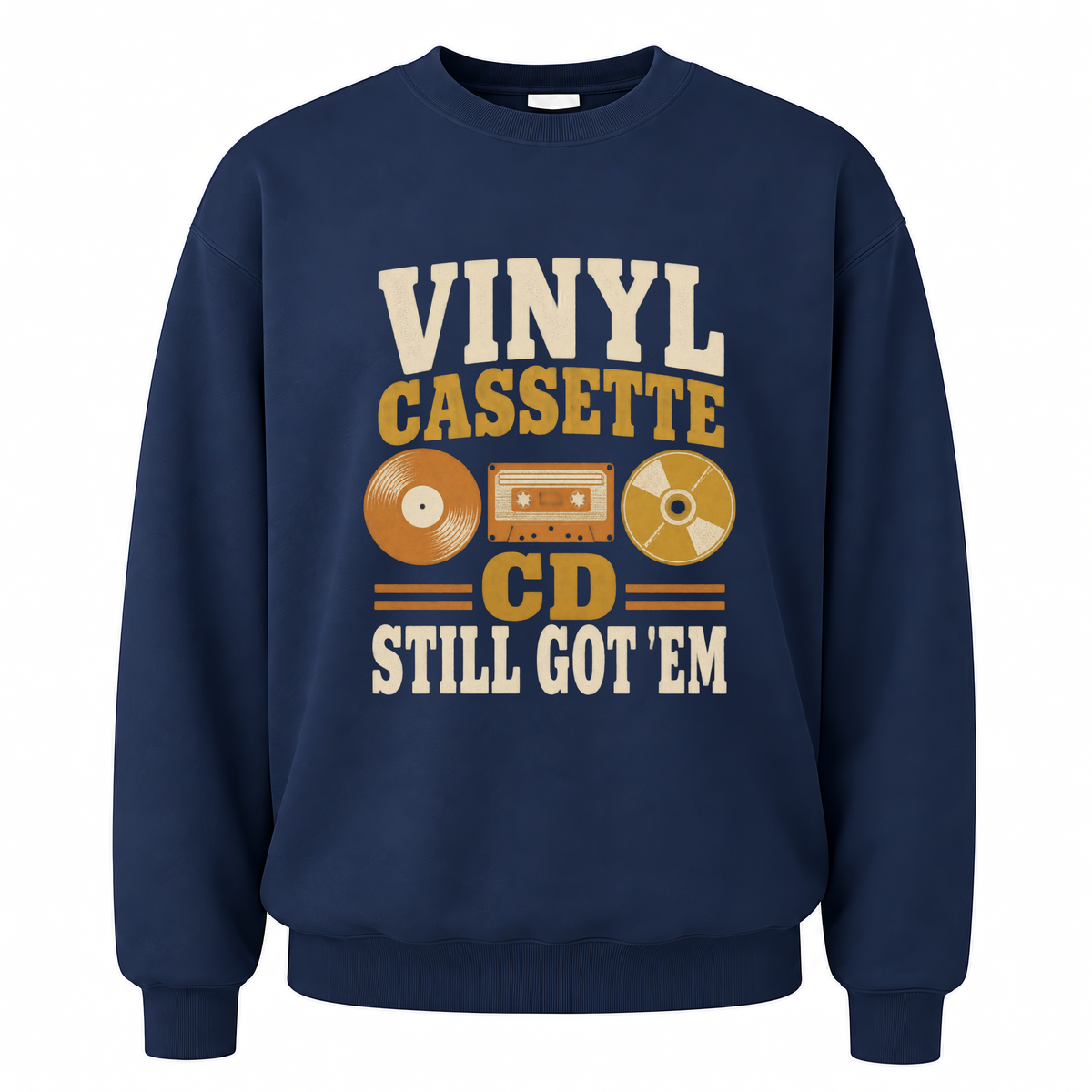 Navy vintage sweatshirt with Vinyl Cassette CD Still Got 'Em printed front design