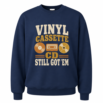 Navy vintage sweatshirt with Vinyl Cassette CD Still Got 'Em printed front design