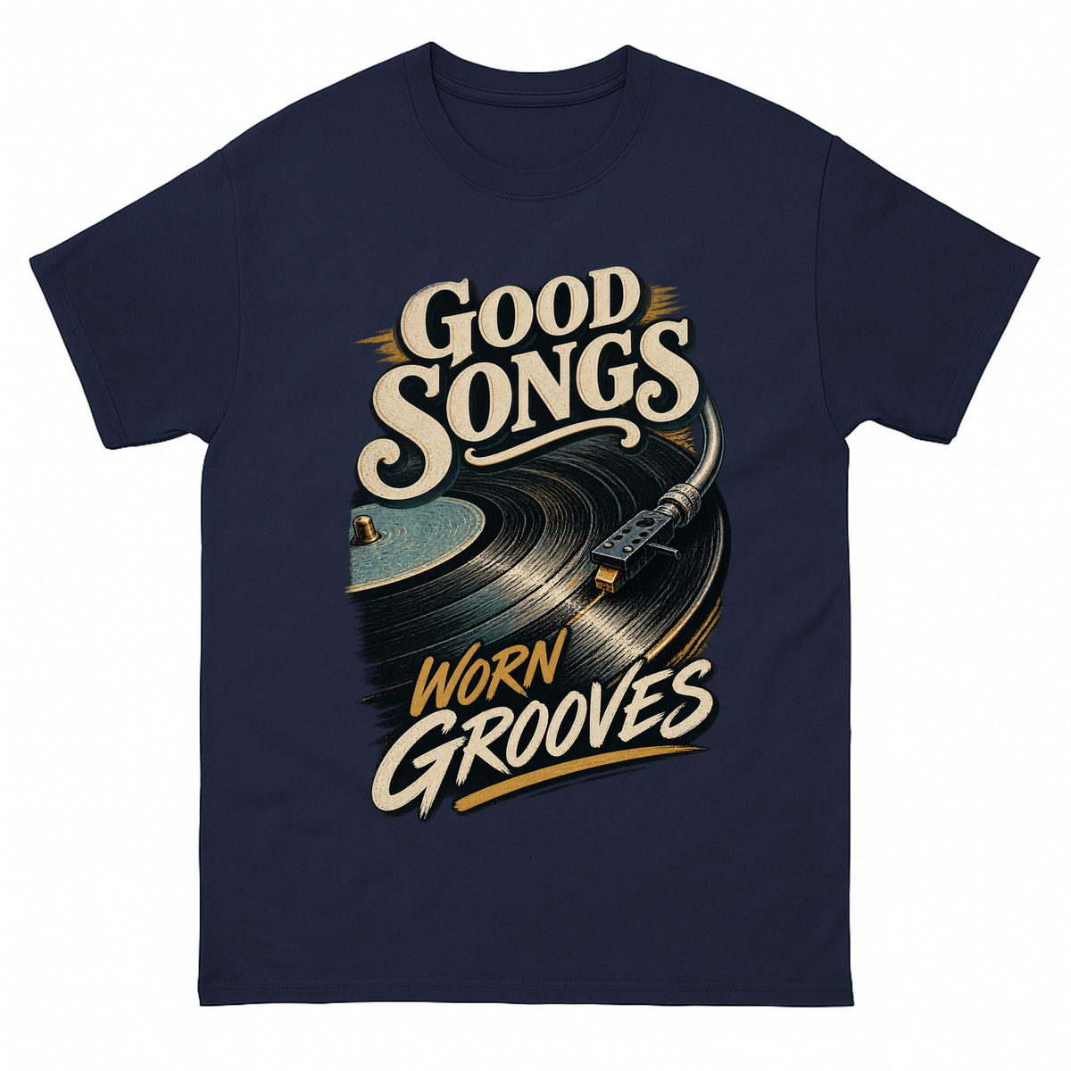 Navy vintage t-shirt with Good Songs Worn Grooves printed front design