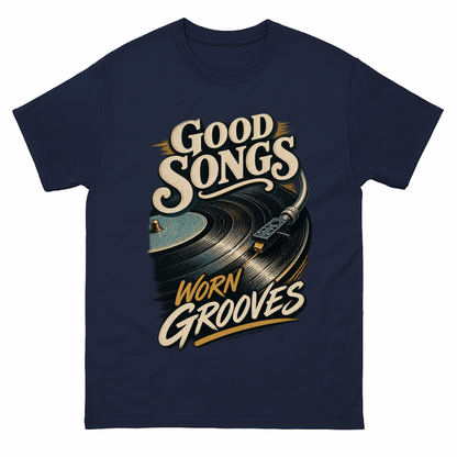 Navy vintage t-shirt with Good Songs Worn Grooves printed front design