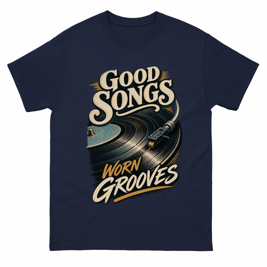 Navy vintage t-shirt with Good Songs Worn Grooves printed front design