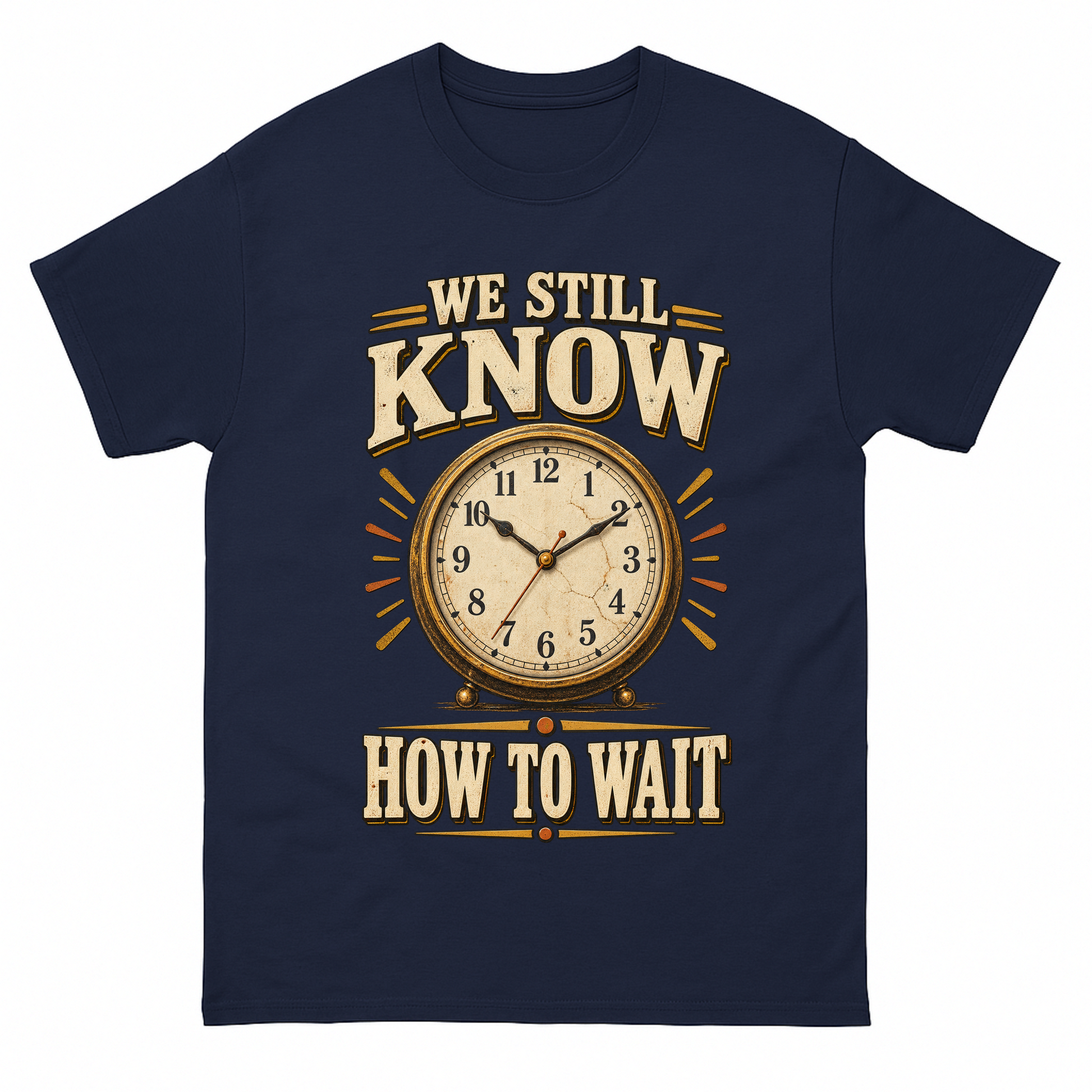Navy vintage t-shirt with We Still Know How To Wait printed front design
