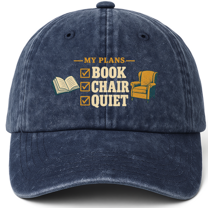 Navy vintage washed cap with My Plans Book Chair Quiet printed front design