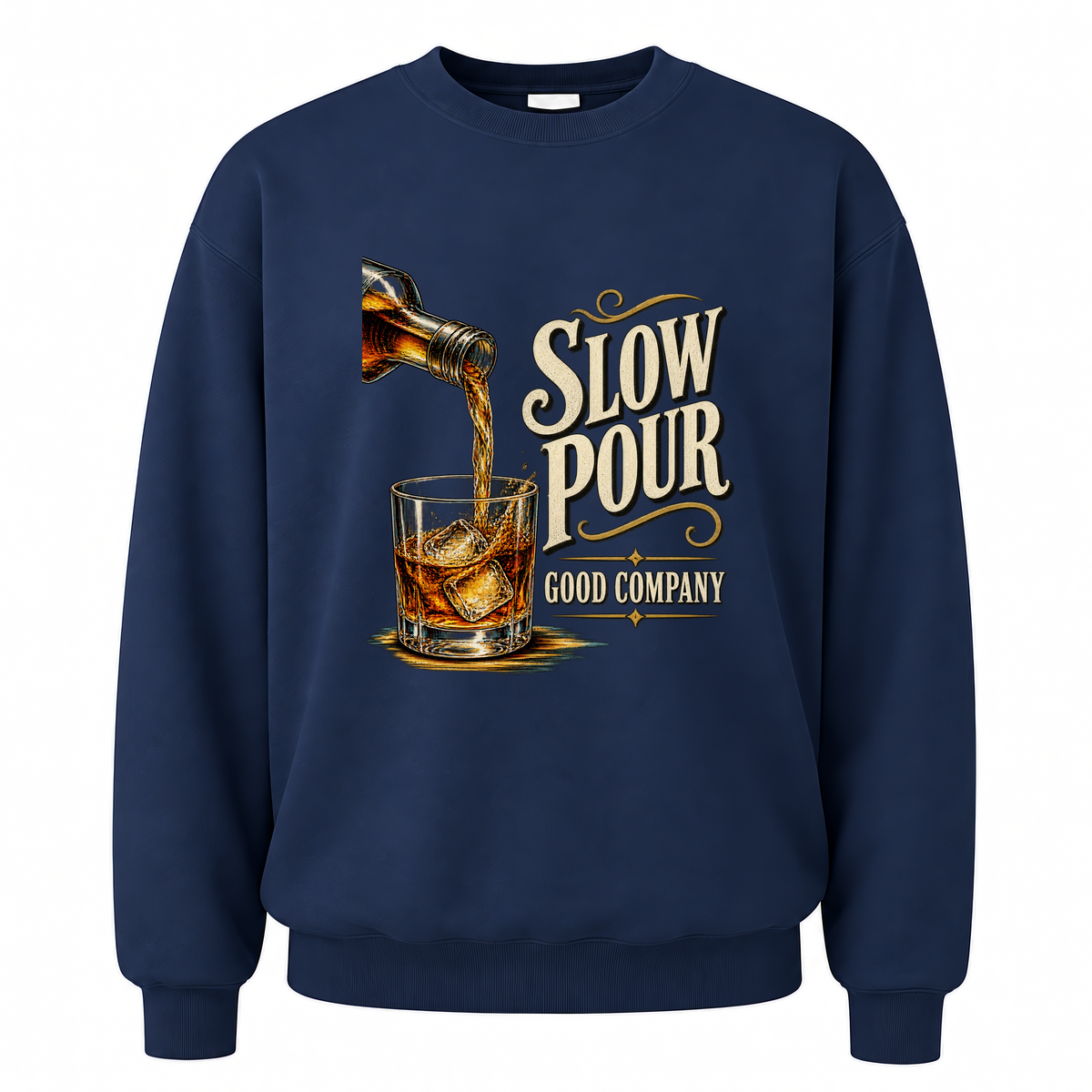 Navy vintage sweatshirt with Slow Pour Good Company printed front design