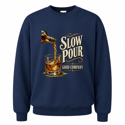 Navy vintage sweatshirt with Slow Pour Good Company printed front design