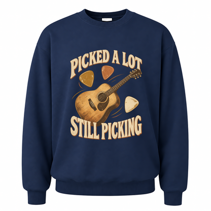 Navy vintage sweatshirt with Picked A Lot Still Picking printed front design