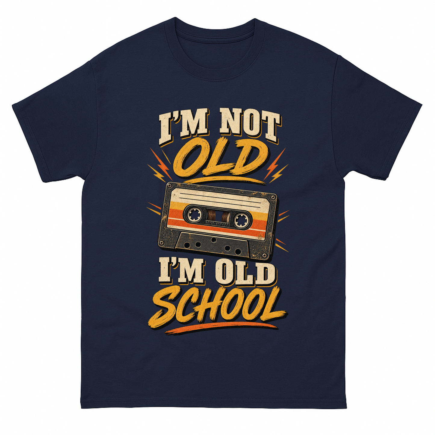 Navy vintage t-shirt with 41 i m old school ideogram 4x printed front design