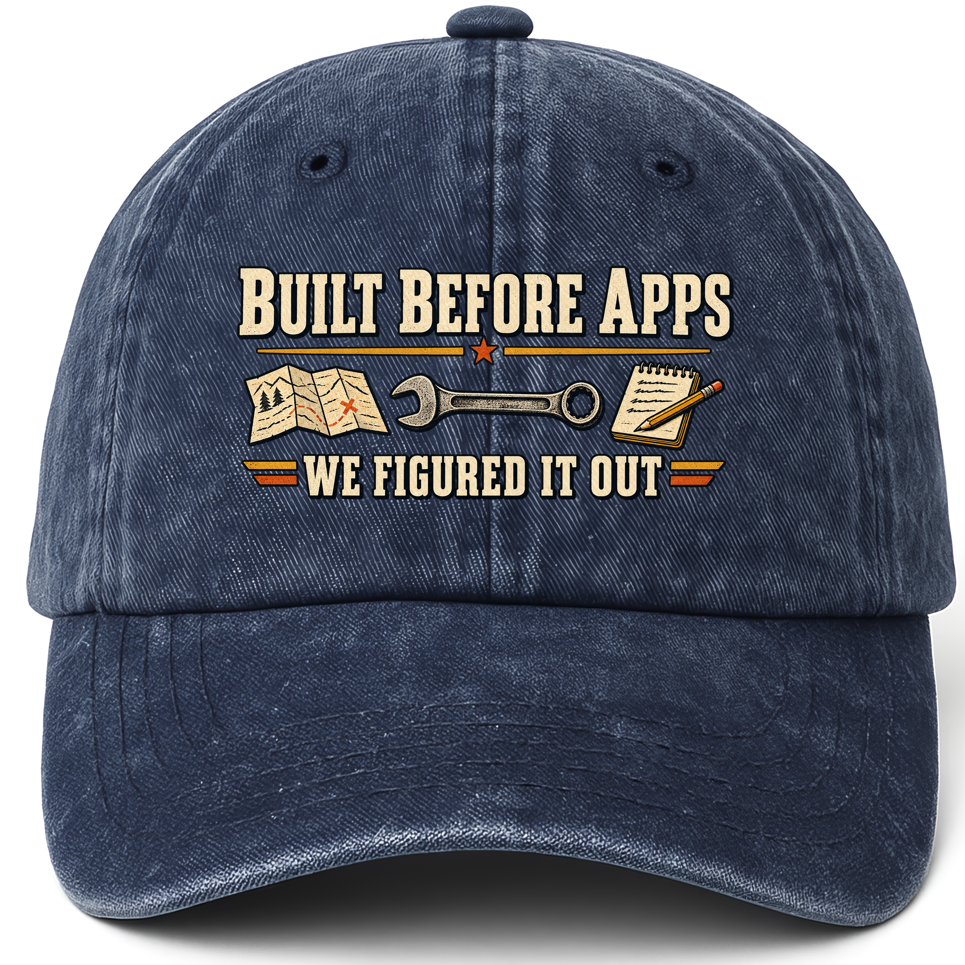 Navy vintage washed cap with Built Before Apps We Figured It Out printed front design