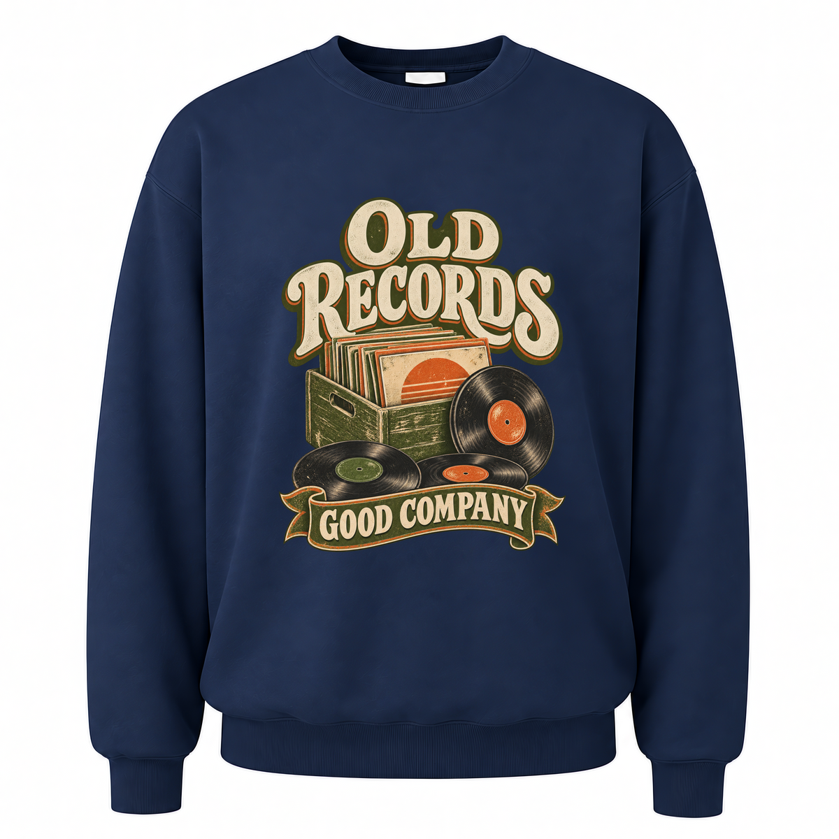 Navy vintage sweatshirt with Old Records Good Company printed front design