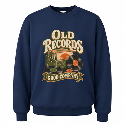 Navy vintage sweatshirt with Old Records Good Company printed front design