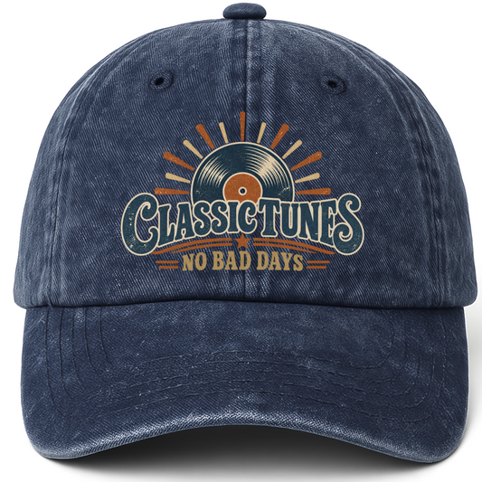 Navy vintage washed cap with Classic Tunes No Bad Days printed front design