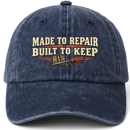 Navy vintage washed cap with Made To Repair. Built To Keep printed front design