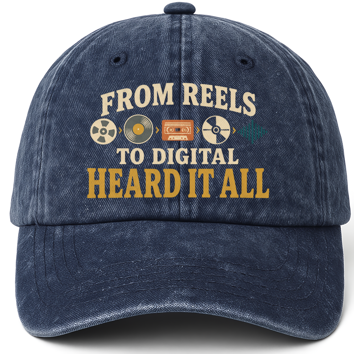 Navy vintage washed cap with From Reels To Digital Heard It All printed front design