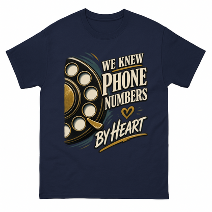 Navy vintage t-shirt with We Knew Phone Numbers By Heart printed front design