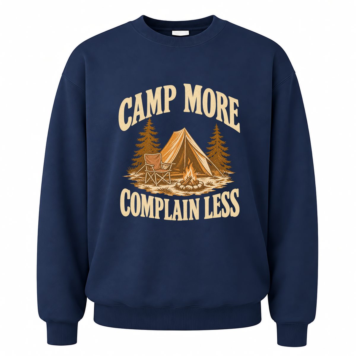 Navy vintage sweatshirt with Camp More. Complain Less printed front design
