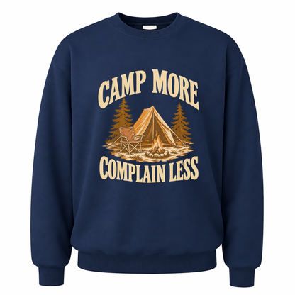 Navy vintage sweatshirt with Camp More. Complain Less printed front design