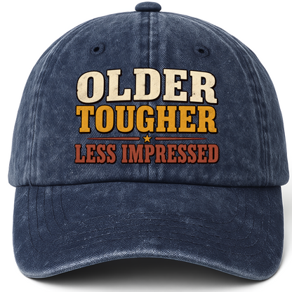 Navy vintage washed cap with Older Tougher Less Impressed printed front design