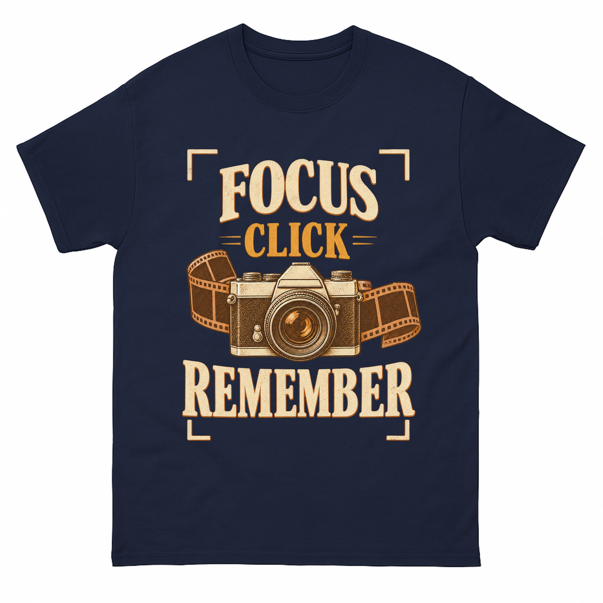 Navy vintage t-shirt with Focus Click Remember printed front design