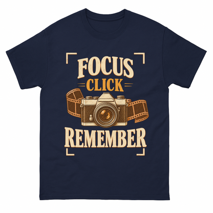 Navy vintage t-shirt with Focus Click Remember printed front design