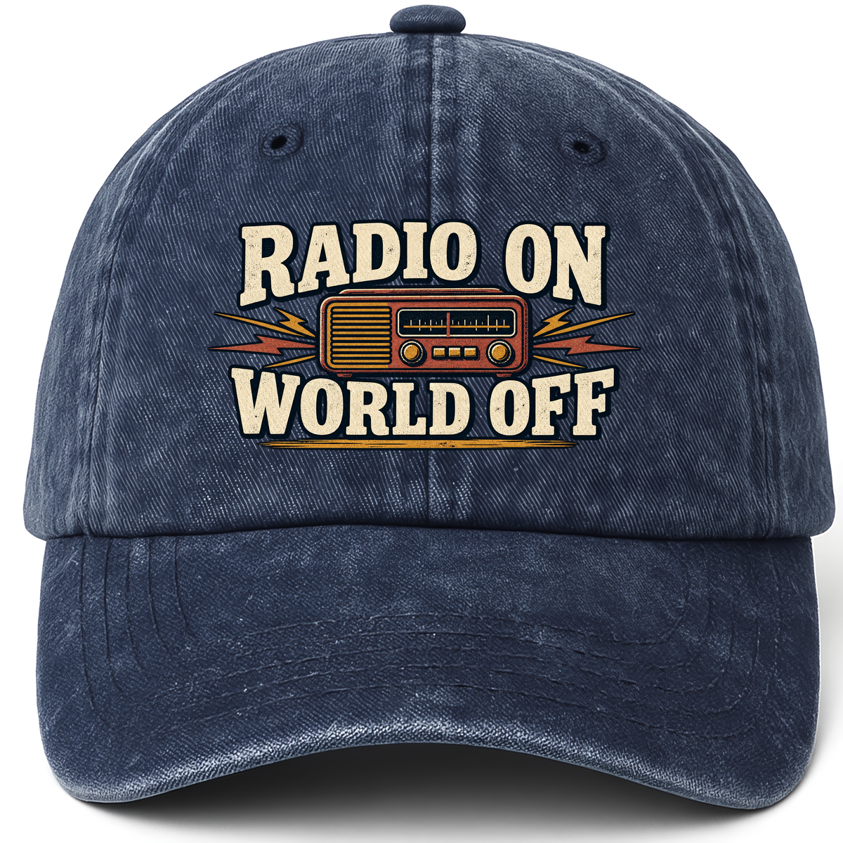 Navy vintage washed cap with Radio On World Off printed front design