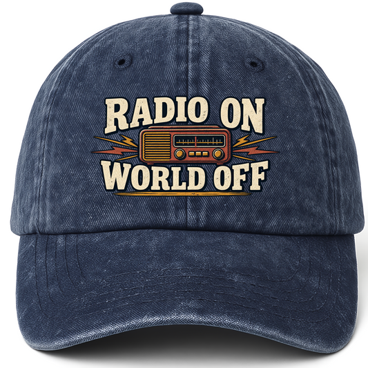 Navy vintage washed cap with Radio On World Off printed front design